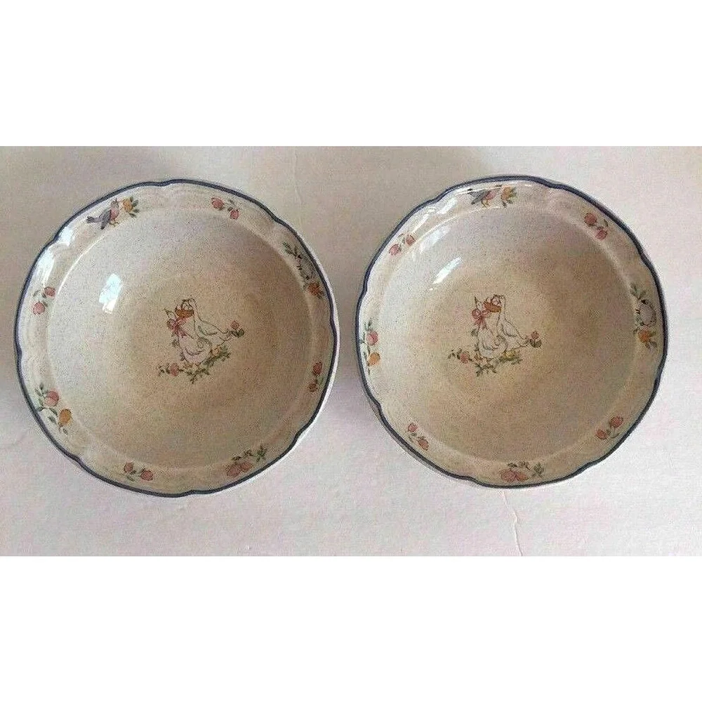 Set 2 International Stoneware Japan Cereal Soup Bowl Geese Lamb Bird Blue Rim - Picture 6 of 11